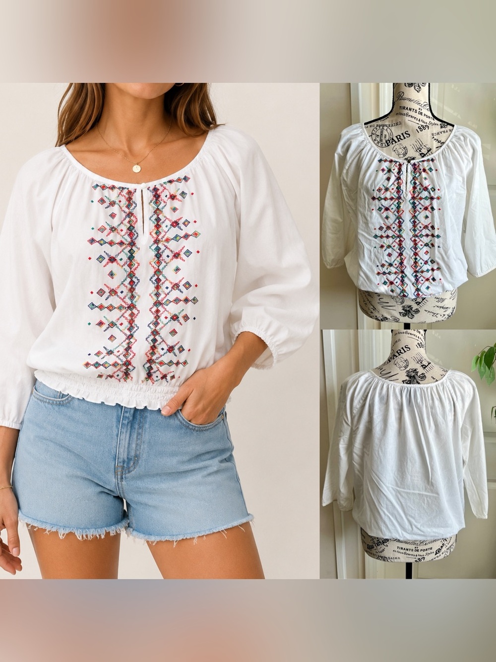 Lord & Taylor Embroidered Peasant Cotton Smocked Top White Sz S